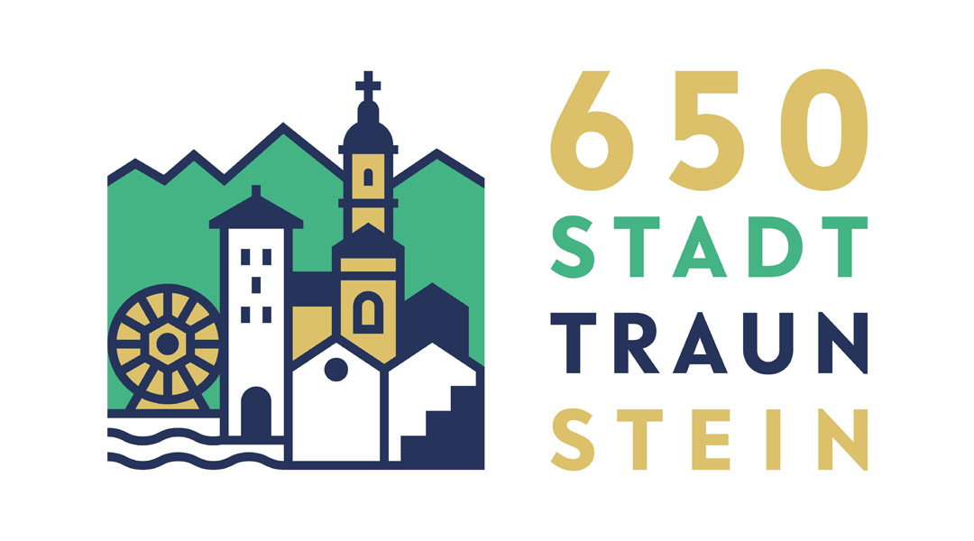 650 Jahre Stadt Traunstein Stilisierte Darstellung von Traunsteins Kirche, einer Treppe und dem Salinenpark in grün, weiß und braun