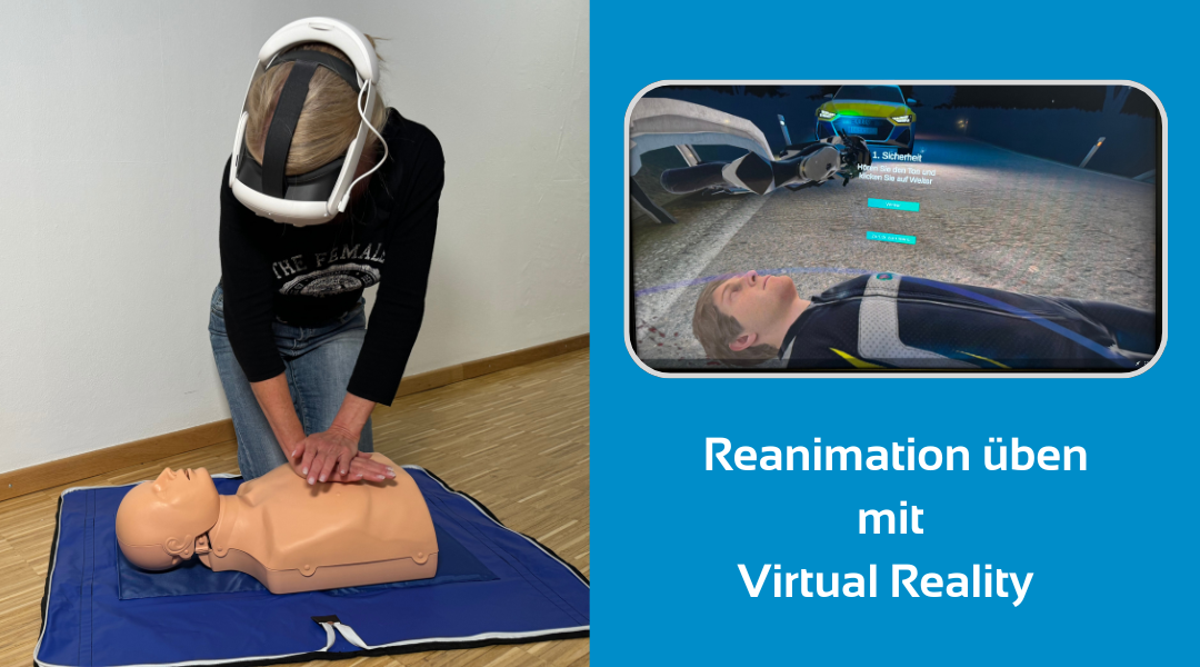 Reanimation mit VR-Brille Eine Frau hat eine VR-Brille auf und presst ihre Hände für eine Herzdruckmassage auf den Brustkorb einer Reanimations-Puppe.